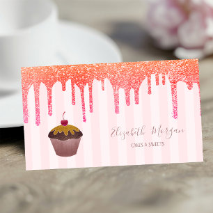Tarjeta De Visita Elegante Cupcake de Rayas Rosadas con Goteo de Cer