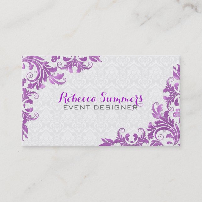 Tarjeta De Visita Elegante Damasco Blanco de encaje metálico púrpura (Anverso)
