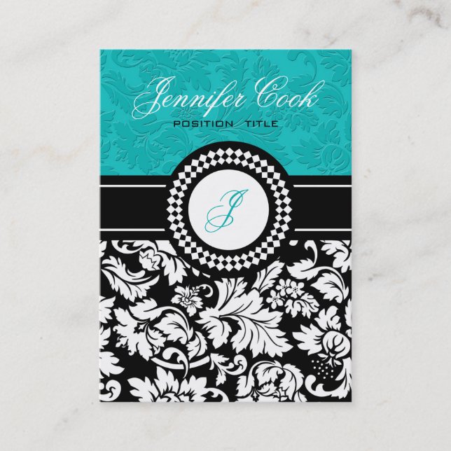 Tarjeta De Visita Elegante Damasco floral blanco y azul-verde negro (Anverso)