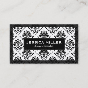 Tarjeta De Visita Elegante Damasco Floral Blanco Y Negro 6
