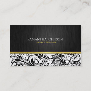 Tarjeta De Visita Elegante Damasco floral blanco y negro con oro