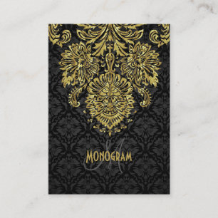 Tarjeta De Visita Elegante Damasco Floral de tonos negros y dorados