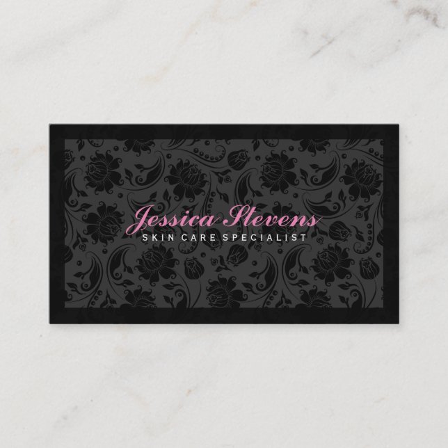 Tarjeta De Visita Elegante Damasco floral monocromático negro (Anverso)