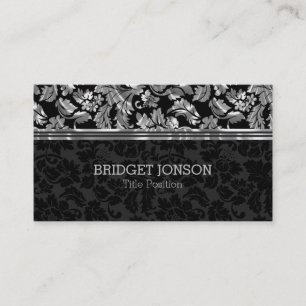 Tarjeta De Visita Elegante Damasco Gris Negro Y Metálico