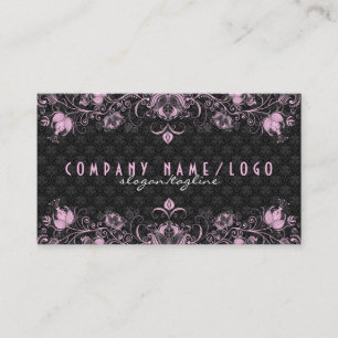 Tarjeta De Visita Elegante Damasco Negro y Pastel Baños Florales Ros