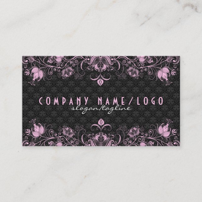 Tarjeta De Visita Elegante Damasco Negro y Pastel Baños Florales Ros (Anverso)
