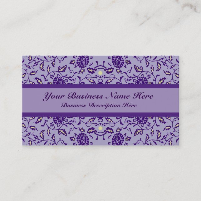 Tarjeta De Visita Elegante Damasco Purple de Flores (Anverso)