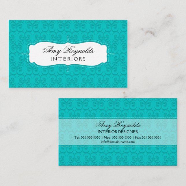 Tarjeta De Visita Elegante Damasco Turquesa (Anverso / Reverso)