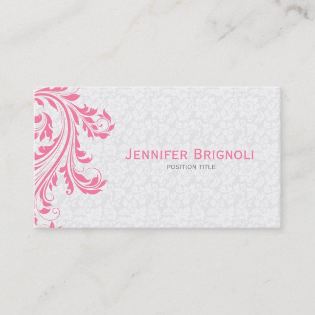Tarjeta De Visita Elegante Damascos Blancos Pink Floral Swirl (Anverso)