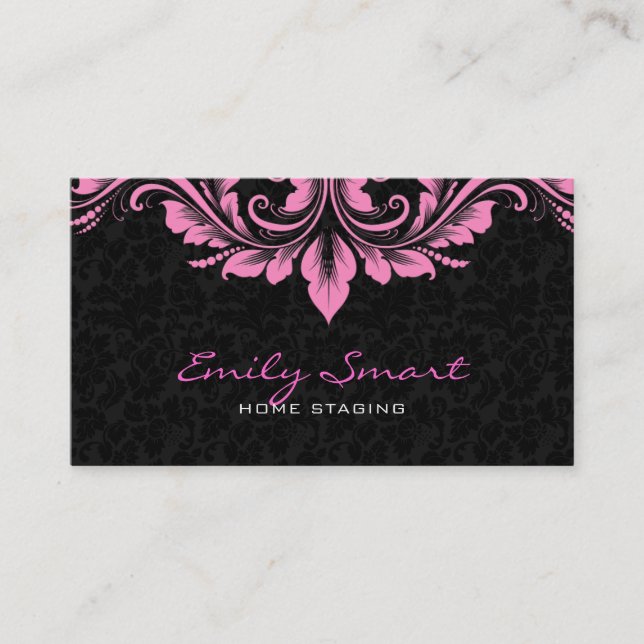 Tarjeta De Visita Elegante Damascos Negros Pink Floral Swirls (Anverso)