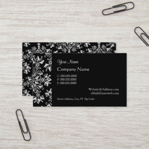 Tarjeta De Visita Elegante Damask Daisy en Blanco sobre Negro Person