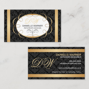 Tarjeta De Visita Elegante Damask e Iniciales de Oro