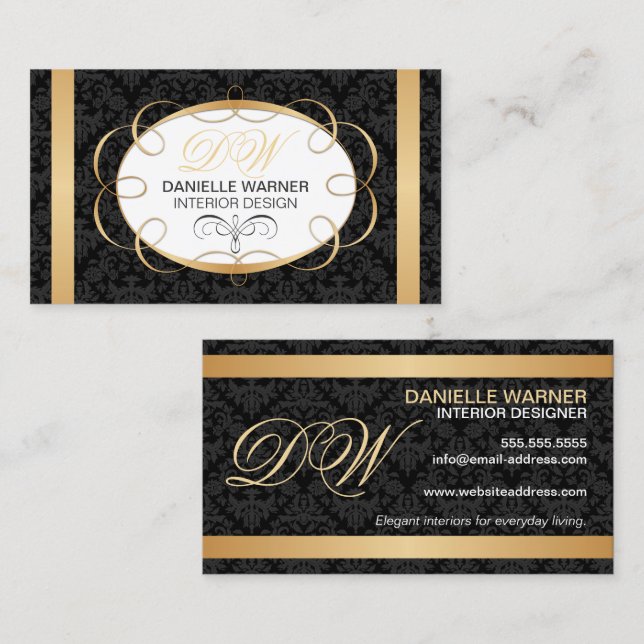 Tarjeta De Visita Elegante Damask e Iniciales de Oro (Anverso / Reverso)