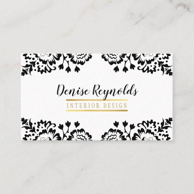 Tarjeta De Visita ELEGANTE DAMASK elegante encaje dorado blanco negr (Anverso)