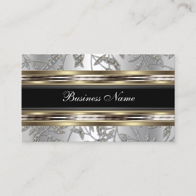 Tarjeta De Visita Elegante Damask Silver Pewter Cromado Negro Metali (Anverso)