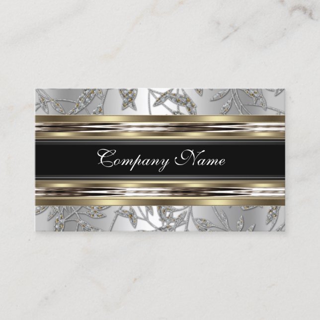 Tarjeta De Visita Elegante Damask Silver Pewter Cromado Negro Metali (Anverso)