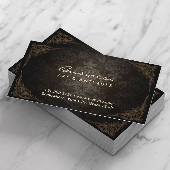 Tarjeta De Visita Elegante Dark Damask Art & Antique Dealer (Subido por el creador)
