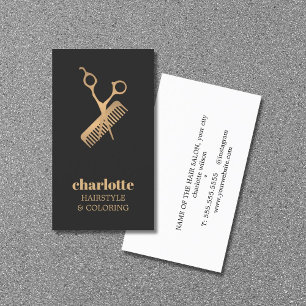 Tarjeta De Visita Elegante Dark Faux Gold Scissor Comb Bold Hairsalo