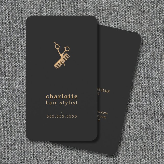 Tarjeta De Visita Elegante Dark Faux Gold Scissors Comb Hairstylist (Subido por el creador)