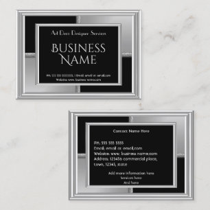 Tarjeta De Visita Elegante Deco Plateado Negro Geometría Metal