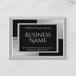 Tarjeta De Visita Elegante Deco Plateado Negro Geometría Metal