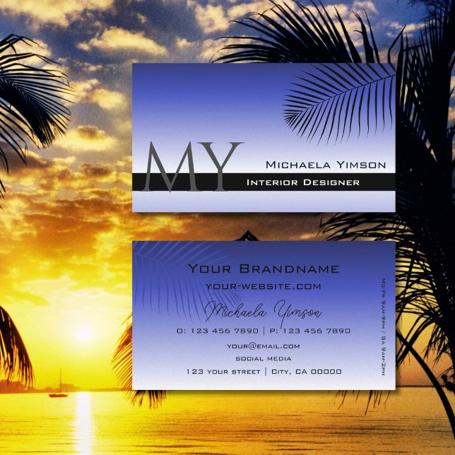 Tarjeta De Visita Elegante degradado azul hoja de palma Monograma si (Subido por el creador)