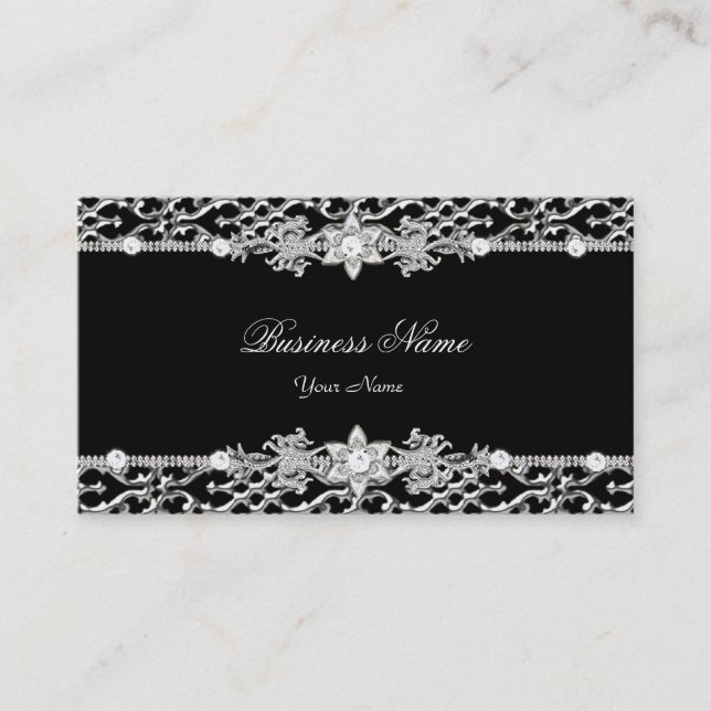 Tarjeta De Visita Elegante diamante negro plateado 2 (Anverso)