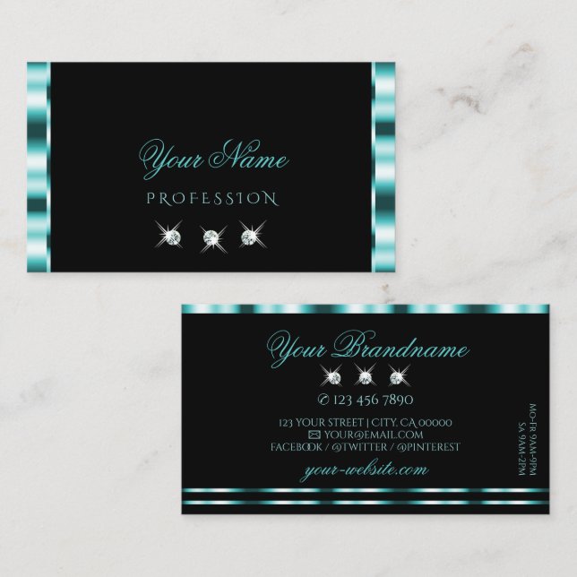 Tarjeta De Visita Elegante Diamante Verde azulado y Negro espumoso (Anverso / Reverso)