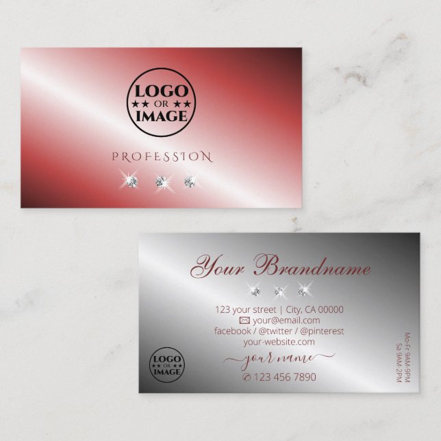 Tarjeta De Visita Elegante diamantes de plata roja con logo (Anverso / Reverso)
