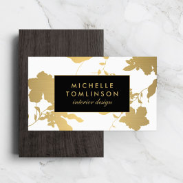 Tarjeta De Visita Elegante Diseñador blanco de patrón floral dorado