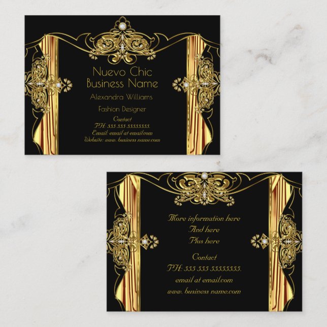 Tarjeta De Visita Elegante Diseñador de moda Dorado Black Drapes (Anverso / Reverso)