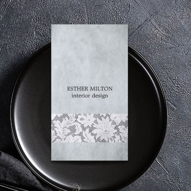 Tarjeta De Visita Elegante Diseñador interior de encaje gris azul (Subido por el creador)