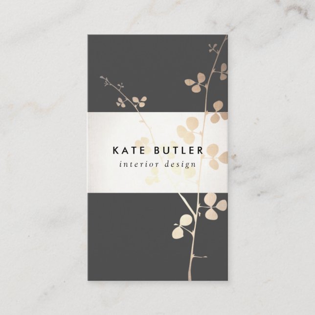 Tarjeta De Visita Elegante Diseñador interior de ramas negras de oro (Anverso)
