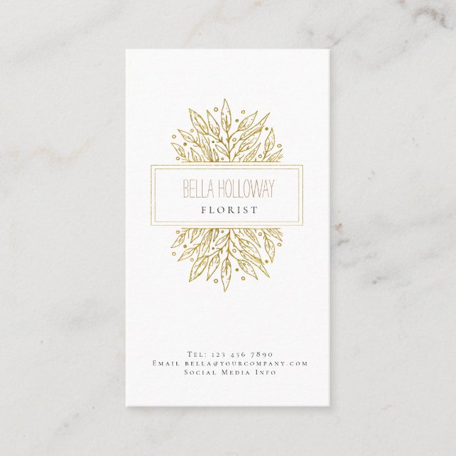 Tarjeta De Visita Elegante diseño de hojas de oro femeninas (Anverso)