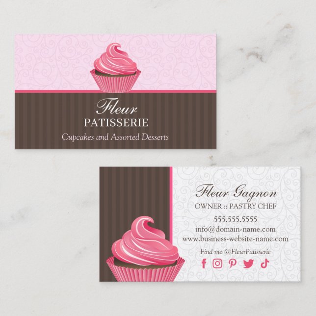 Tarjeta De Visita Elegante diseño de panadería de pasteles rosados (Anverso / Reverso)