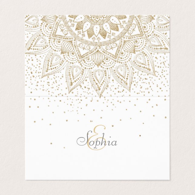 Tarjeta De Visita Elegante diseño de puntos dorados de Mandala (Exterior desplegado)