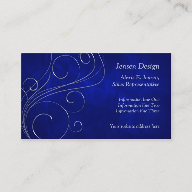 Tarjeta De Visita Elegante diseño de Swirl Blue Silver (Anverso)