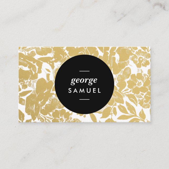 Tarjeta De Visita Elegante Diseño Floral Dorado Con Negro Negrita (Anverso)