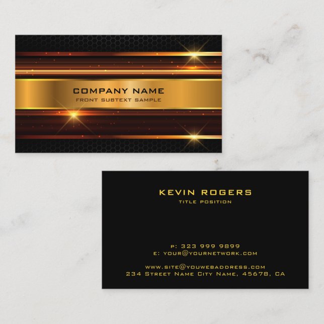 Tarjeta De Visita Elegante diseño geométrico metálico negro y dorado (Anverso / Reverso)