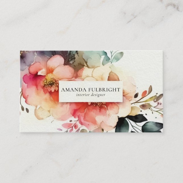 Tarjeta De Visita Elegante diseño interior floral moderno acuarela (Anverso)