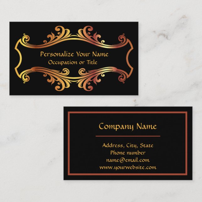 Tarjeta De Visita Elegante Diseño Ornamental Negro de Oro Fancy (Anverso / Reverso)