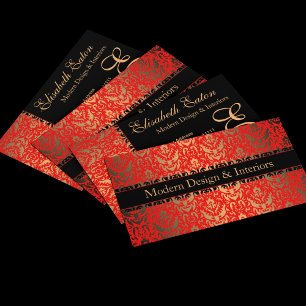 Tarjeta De Visita Elegante diseño rojo, dorado y negro para damasqui