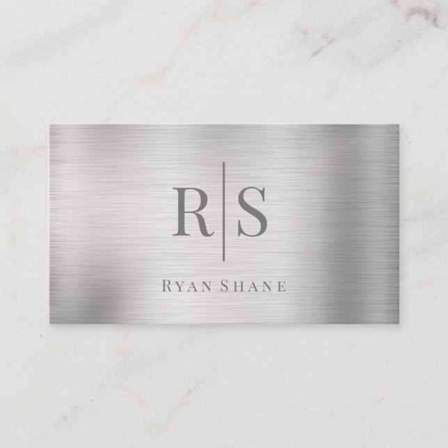 Tarjeta De Visita Elegante DIY Gray Monograma y nombre, Brushed Silv (Anverso)