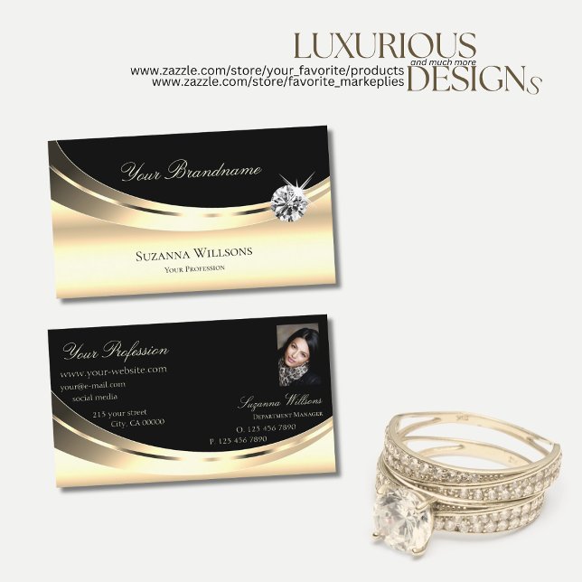 Tarjeta De Visita Elegante dorado claro negro con foto y diamante (Subido por el creador)