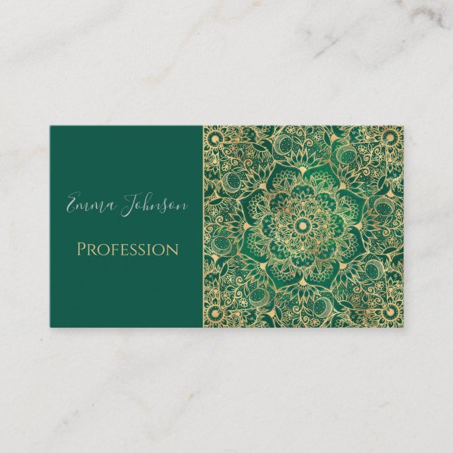 Tarjeta De Visita Elegante Dorado Floral Mandala Diseño Verde (Anverso)