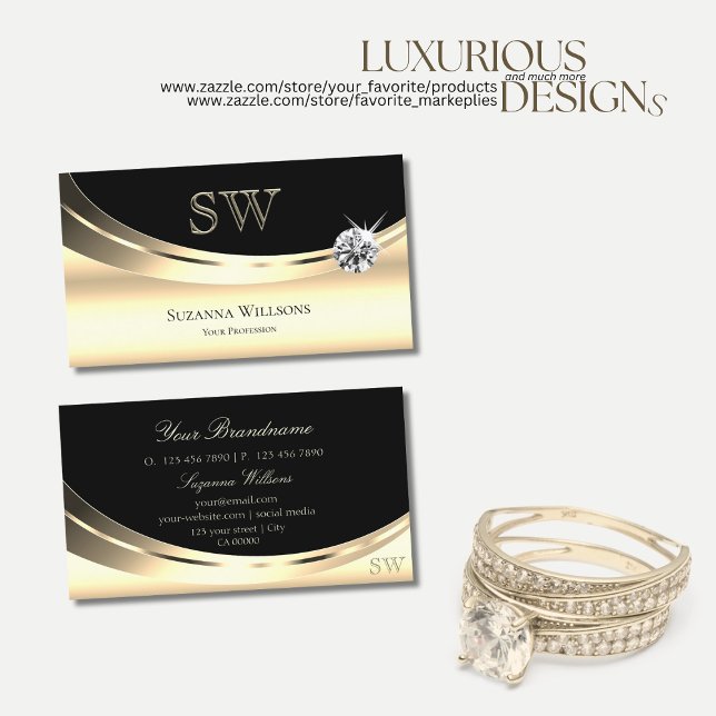 Tarjeta De Visita Elegante dorado ligero y negro con diamante monogr (Subido por el creador)