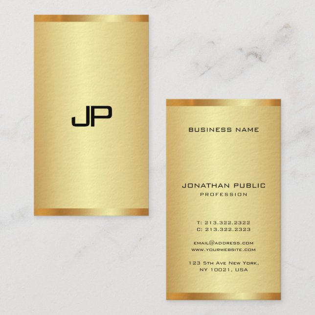 Tarjeta De Visita Elegante dorado luce monograma vertical moderno (Anverso / Reverso)