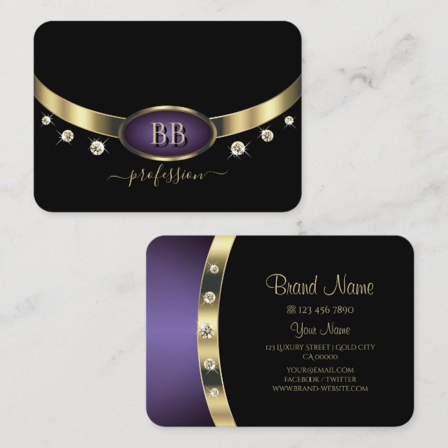 Tarjeta De Visita Elegante dorado morado negro con diamantes inicial (Anverso / Reverso)