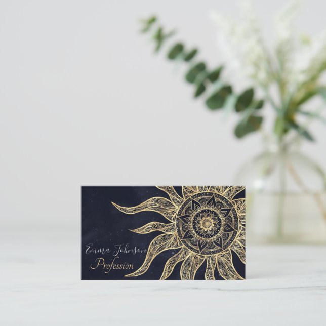 Tarjeta De Visita Elegante Dorado Sun Mandala Blue Nebula Diseño (Anverso de pie)