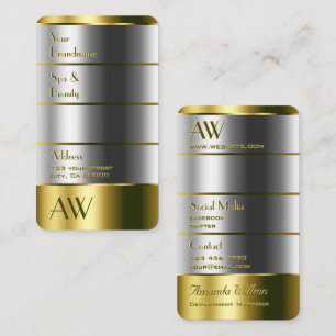 Tarjeta De Visita Elegante dorado y plateado con monograma vertical